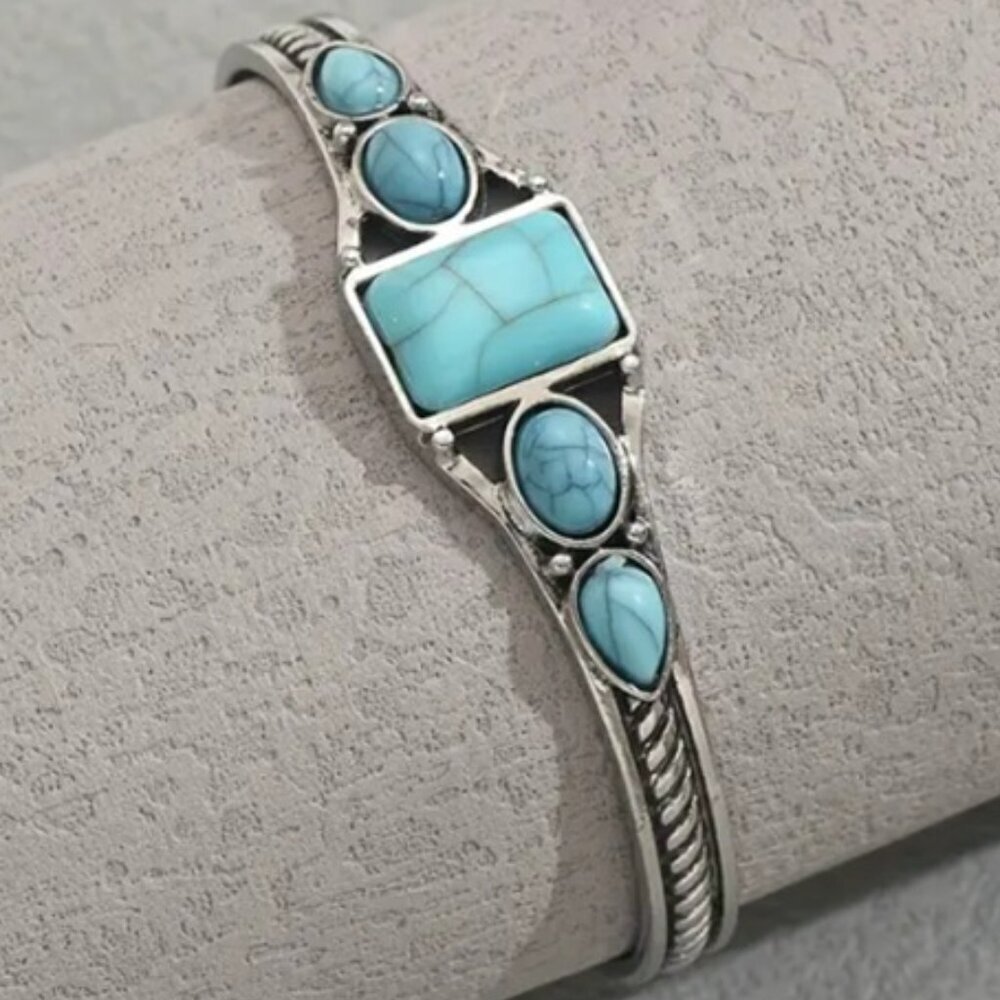 Southwest Bohemian Style Synthetic Turquoise & Silver Plated Bracelet